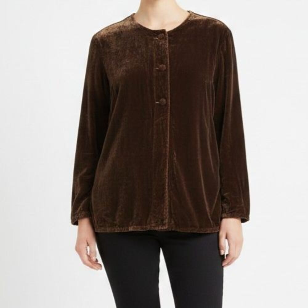 Kleen Velvet Three Button Jacket Women Large Brown Long Sleeve Silk Blend